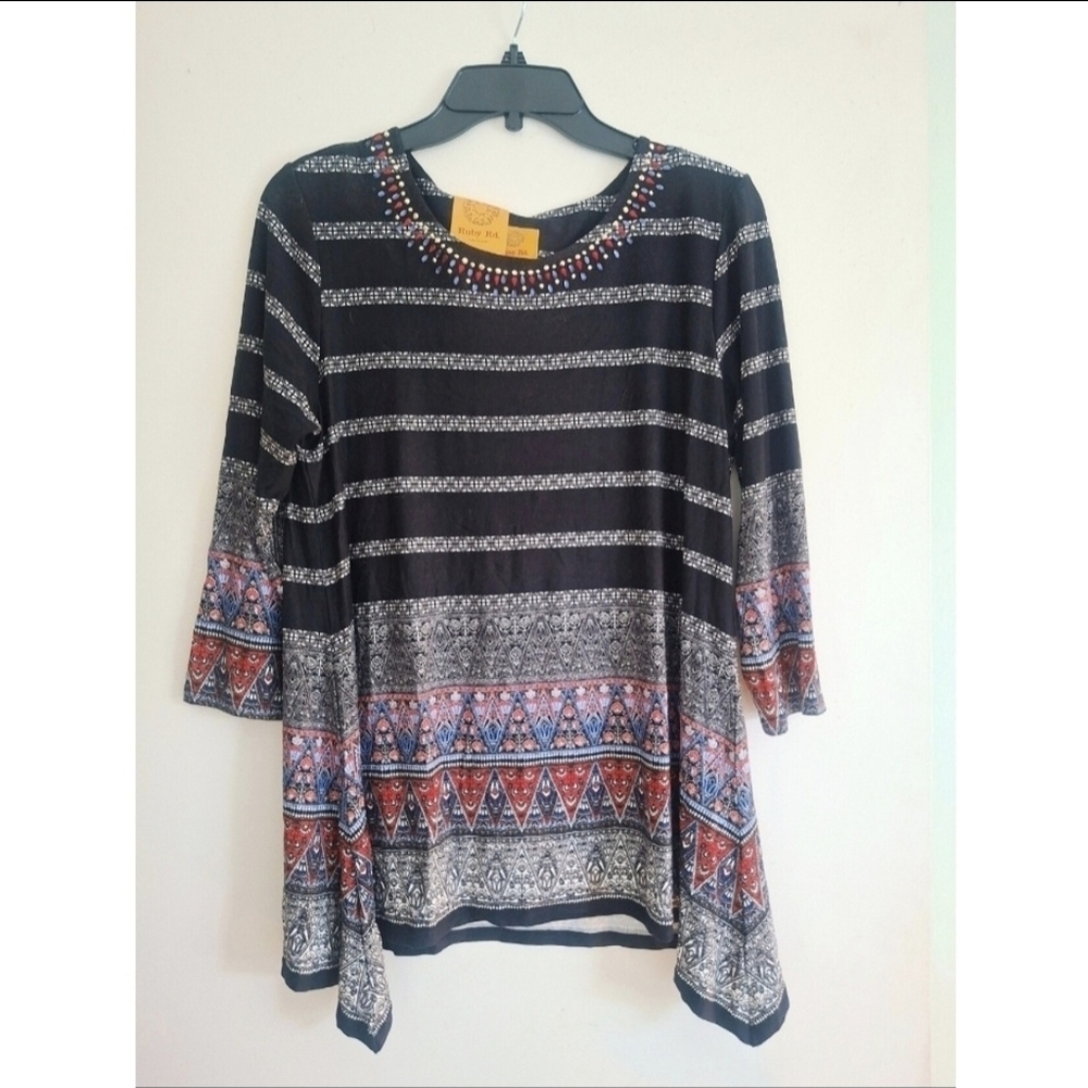 Ruby Rd. Velvet Crush Jeweled Boho Top Black Multi Small NWT Detached Tag